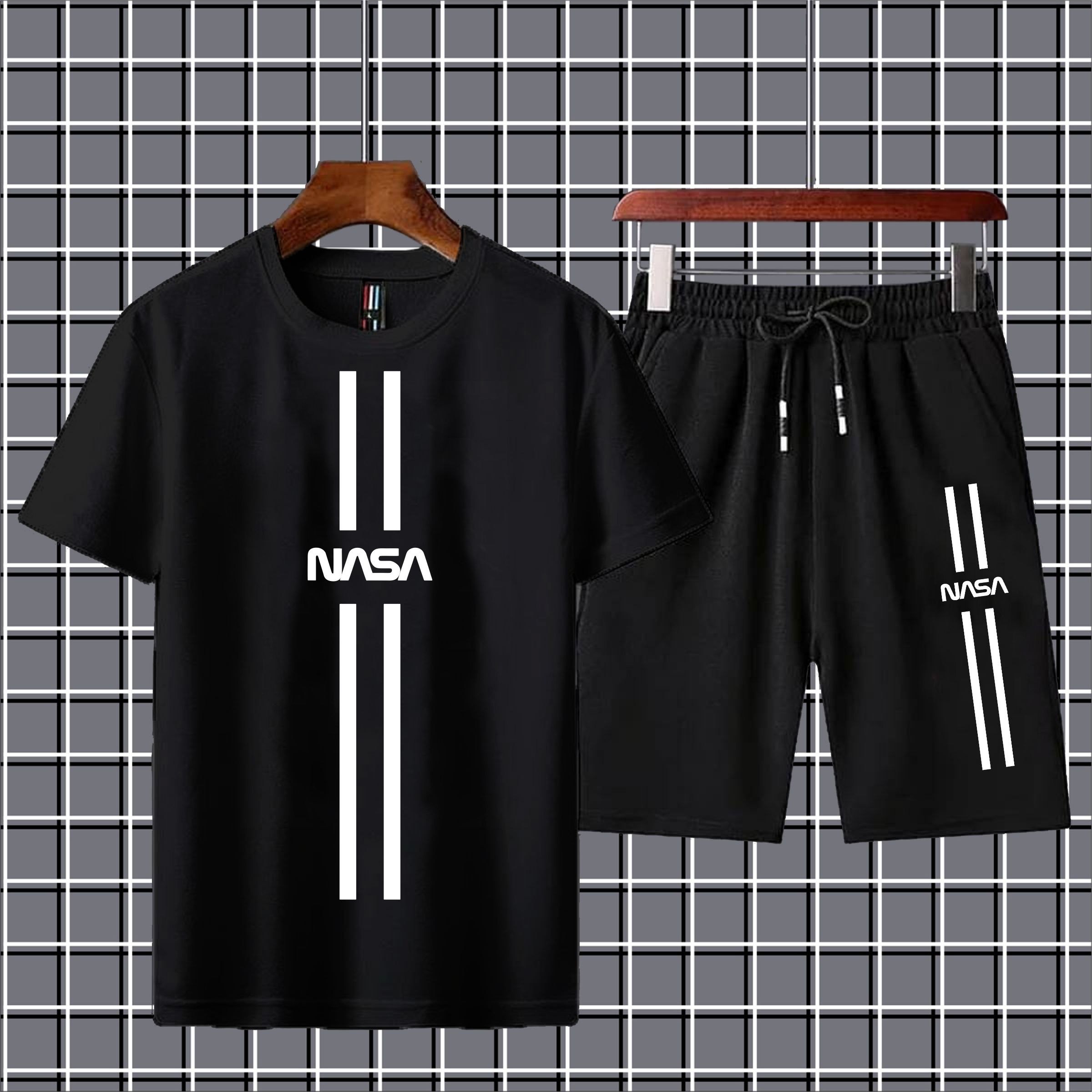 Nasa Printed Shorts + T Shirts Set for Boys Tracksuit For Mens Summer Tracksuit-Black