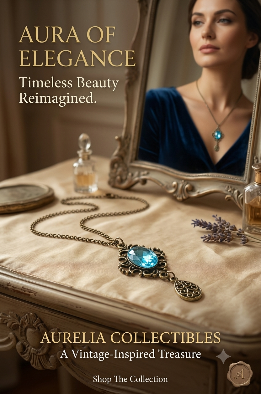 Vintage Oval Sky Blue Crystal Pendant Necklace – Antique Bronze Filigree Long Chain Statement Jewelry for Women & Girls