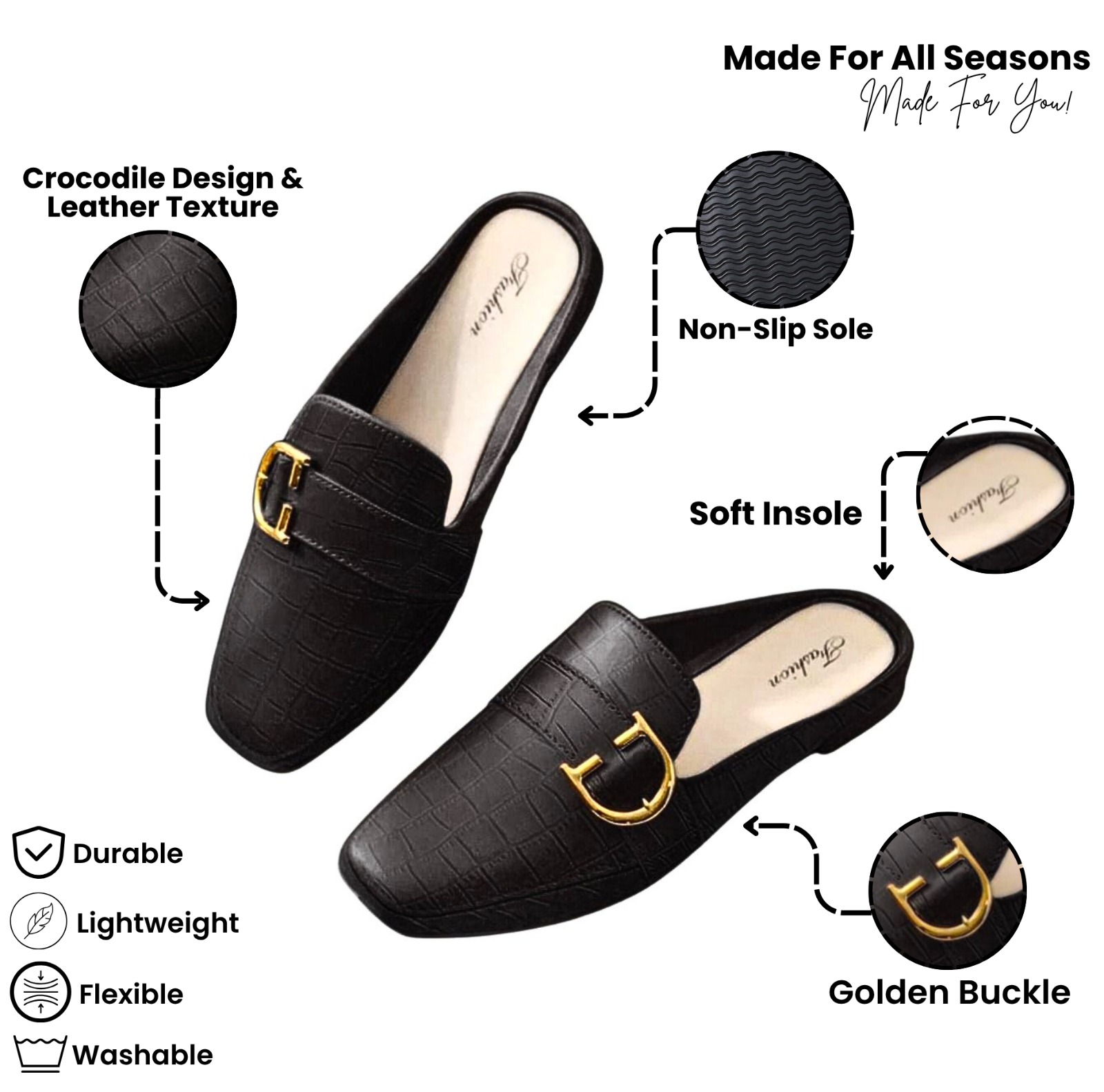 Glimmer - Rubber summers Half shoes korean style for girls | Stylish Crocodile Pattern Rubber loafers with Golden Buckle