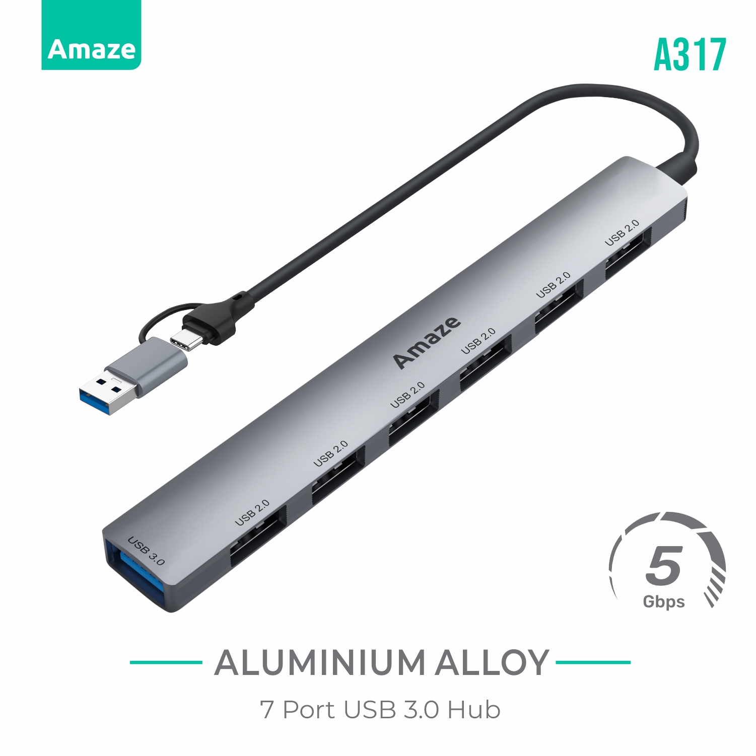 Amaze A317 Type-C and USB 7 Ports USB 3.0 Hub with Aluminum Alloy Housing 6 430cdedad46f5285d3d6e20ee004c64d