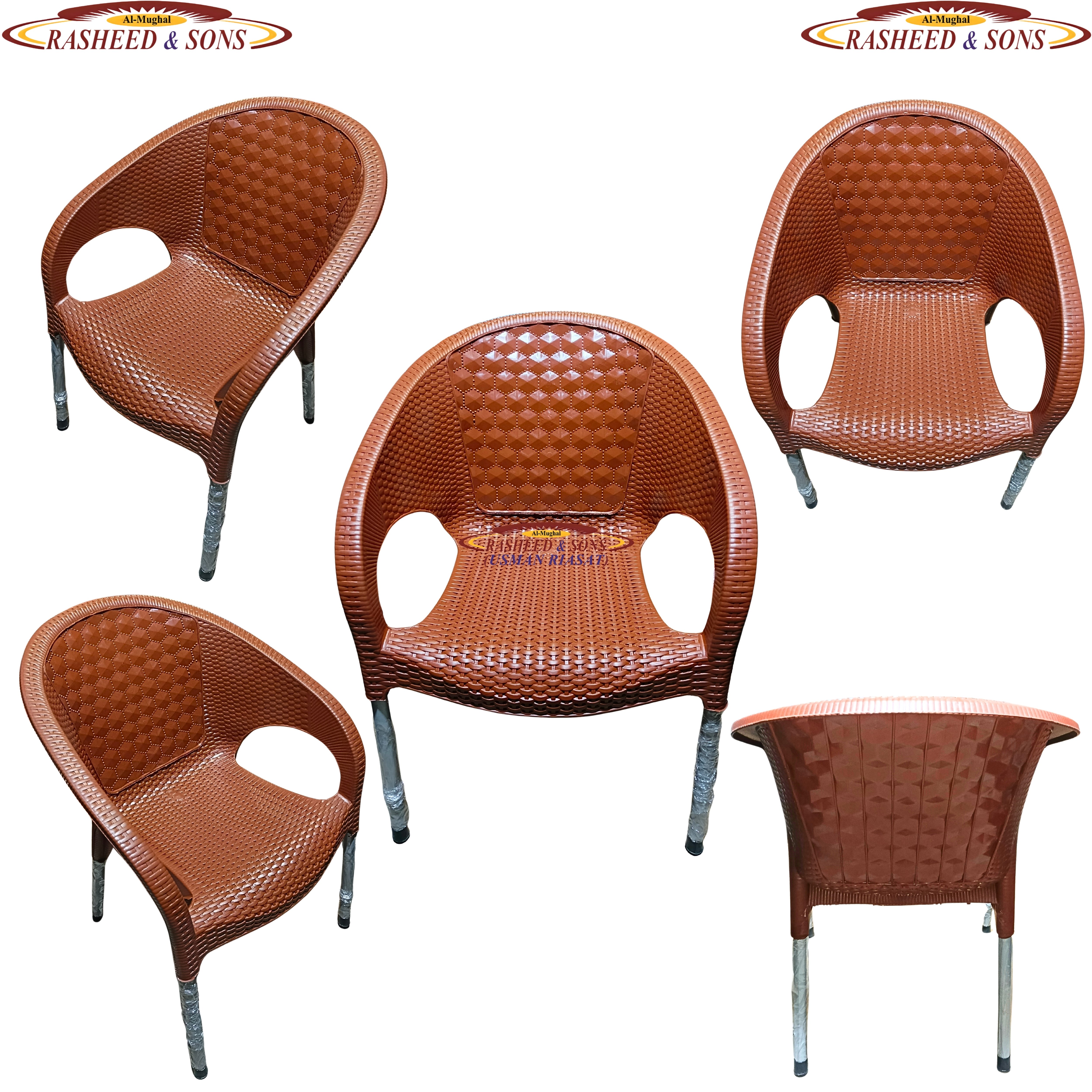 Rasheed & Sons Rattan Diamond Style Plastic Sofa Chair – Brown Garden & Living Room Arm Chair – Pack of 1, 2, 4, 6 with Fixed Table / Folding Table Option