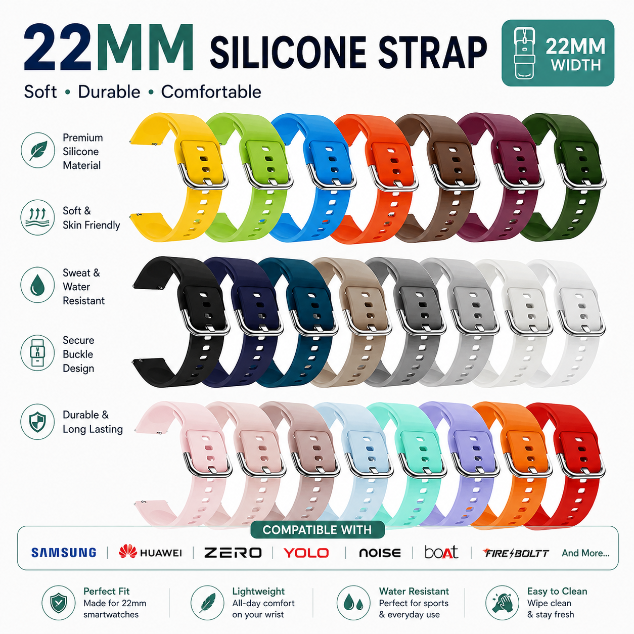22mm Silicone Strap for Zero Pixel Zero Royale Yolo Watch Pro Max Zero Delta Zero Nova Zero Luna zero core fit Mibro Lite 2 GTR 3 Pro Huawei GT 3 46mm Mibro x1 GTR 2 GTR 2e Huawei GT 2 Pro GT Sports Samsung Watch 46mm