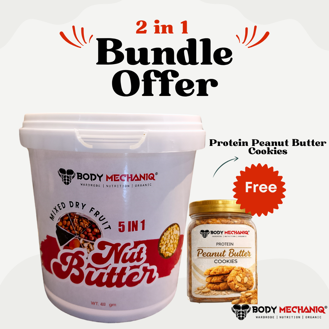 BODY MECHANIQ 5-in-1 Nut Butter Spread with Mixed Dry Fruits & Protein Peanut Butter Cookies Bundle