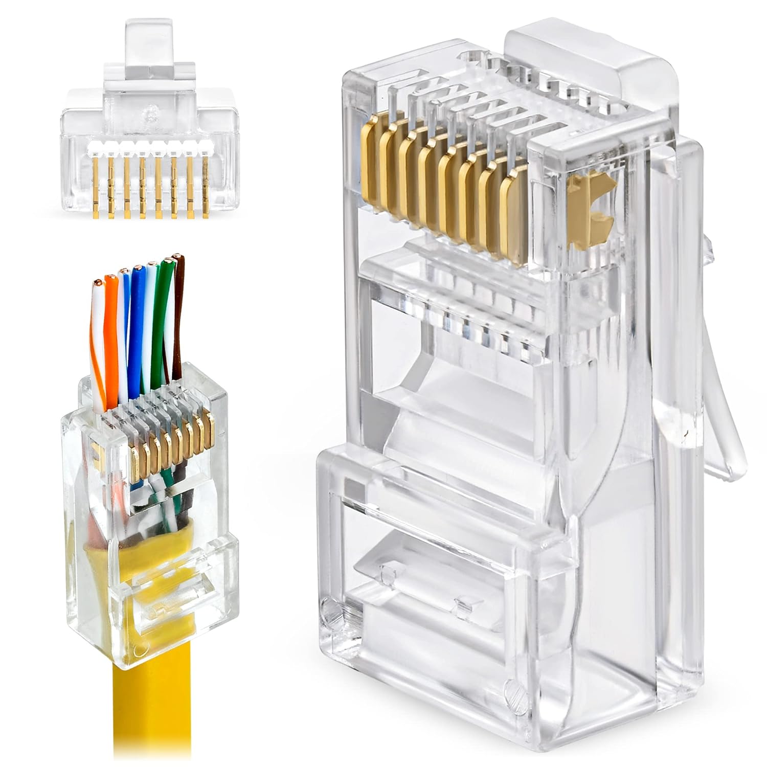 Gold-Plated RJ45 8P8C Ethernet Connectors | Pass-Through UTP Plug for Cat5e/Cat6 Cables | Crystal Clear Unshielded Ends for Solid & Stranded Wires | High-Speed Stable Network Connection