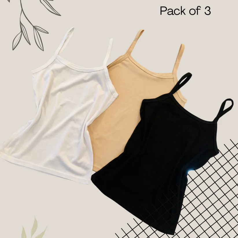 Pack Of 3 Women Simple Camisoles Biddies Stretchable Pure Cotton Tank Tops for Women Girls| Bra Vest for Girls Strap Cotton Sleeves Thin Camisole Vest Solid Top