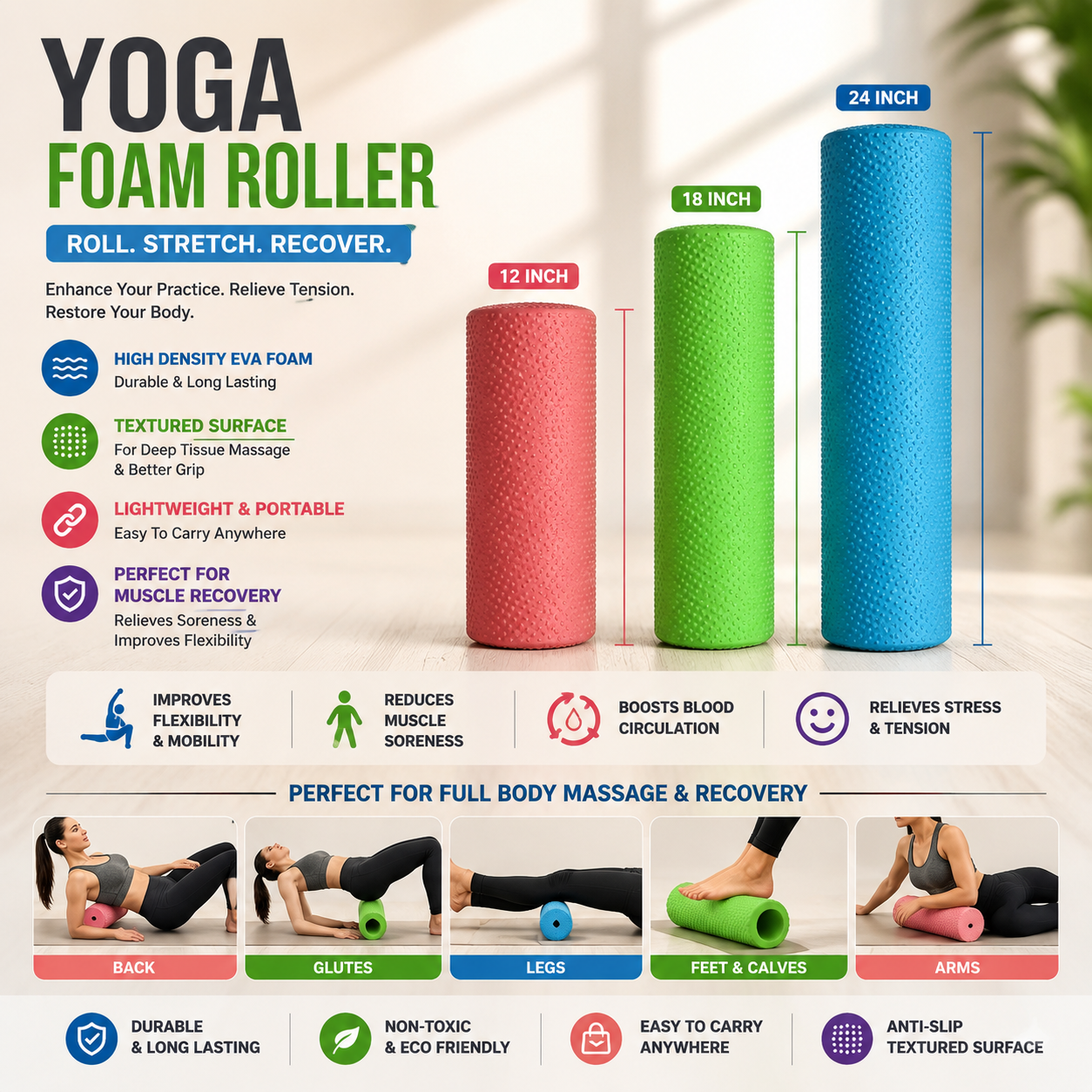 Yoga Foam Roller for Exercise & Muscle Recovery – Deep Tissue Massage Roller for Gym, Fitness, Pilates & Yoga  12 Inch / 18 Inch / 24 Inch