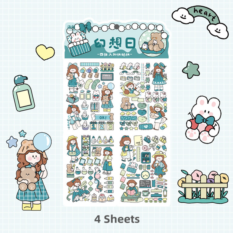 4 Sheets Cute Cartoon Girl Series Washi Stickers Album Diary Journal