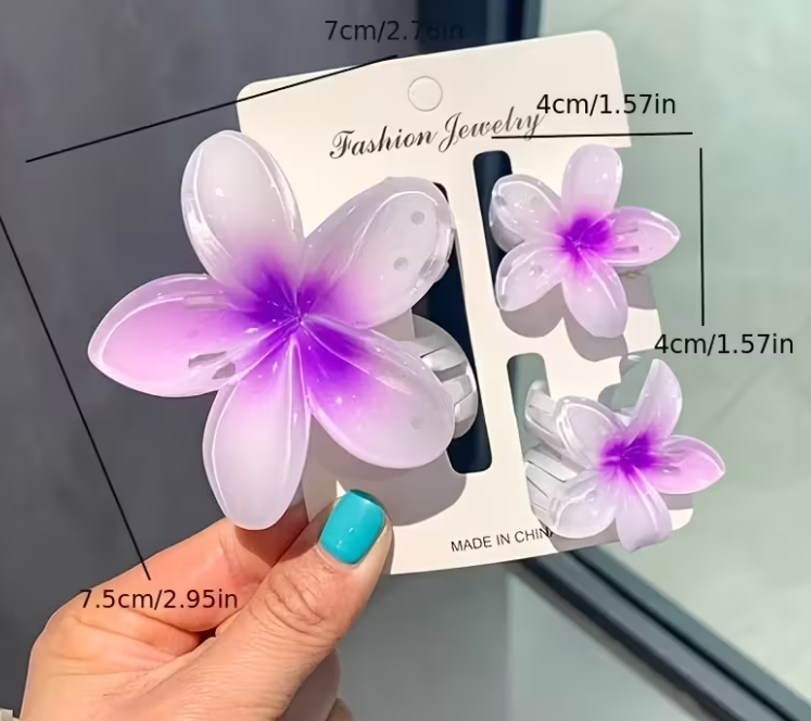 Tropical Plumeria Flower Hair Claw Clip Set, Trendy Gradient Flower Hair Claw Clips,3pcs Hawaiian Flower Hair Clips - 1 Large 2 Small Sizes, Accented Colored Plastic Hair Accessories, Perfect for Weddings, Parties, Beach Days And Everyday Style3pcs Hawaii