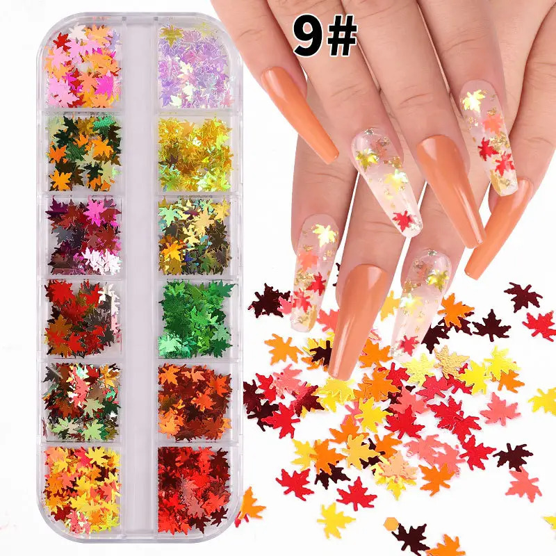 12 Colours box 3D Holographic Butterflies Maple Leaves Flakes for Women Nail Art Glitter (9 Different Colours And Styles)