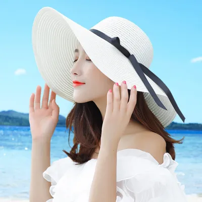 Summer Women Bowknot Wide Brim Panama Hat Outdoor Foldable, 42% OFF
