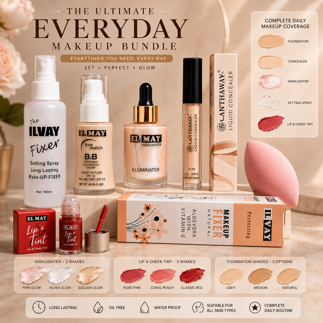 ELMAY - Deal Of Foundation + Concealer + Fixer + Lip Tint + Highlighter + Beauty Blender
