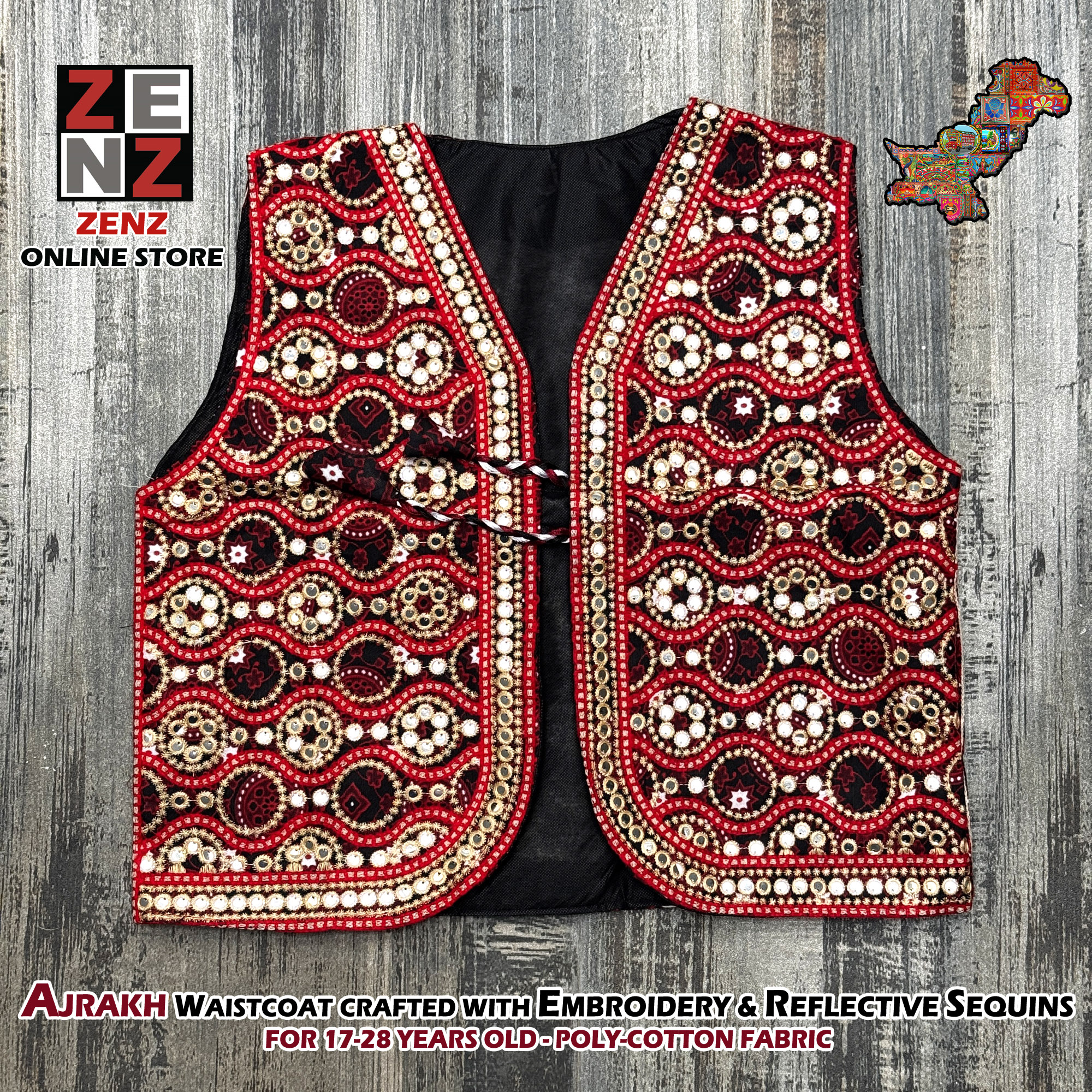 Sindhi Ajrakh Waist Coat Koti for Adult Females crafted with Embroidery & Reflective Sequins Pakistani Embroidered Tradition Wear Waistcoats