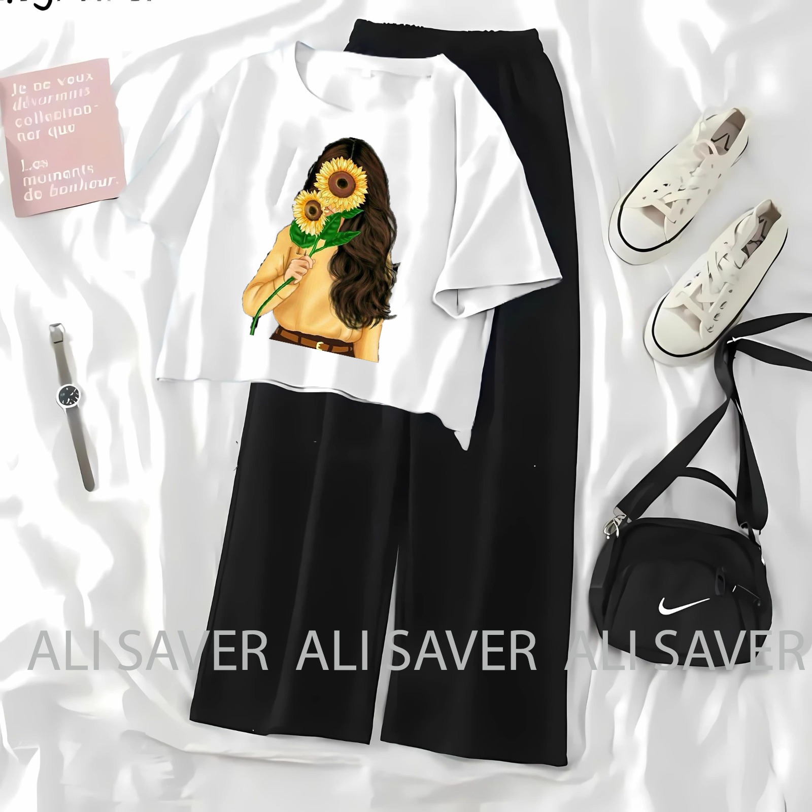 ALISAVER-Crop Top Casual Suit For Women and Girls High Quality Tshirt and Black Flapper