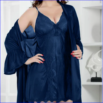 Navy Blue Silk Bridal Nighty 2pcs Set