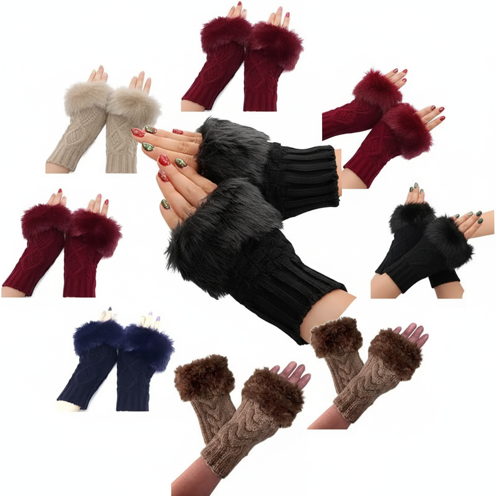 Women’s Faux Fur Fingerless Knitted Gloves | Warm Winter Hand Wrist Warmers | Soft, Stylish & Comfortable