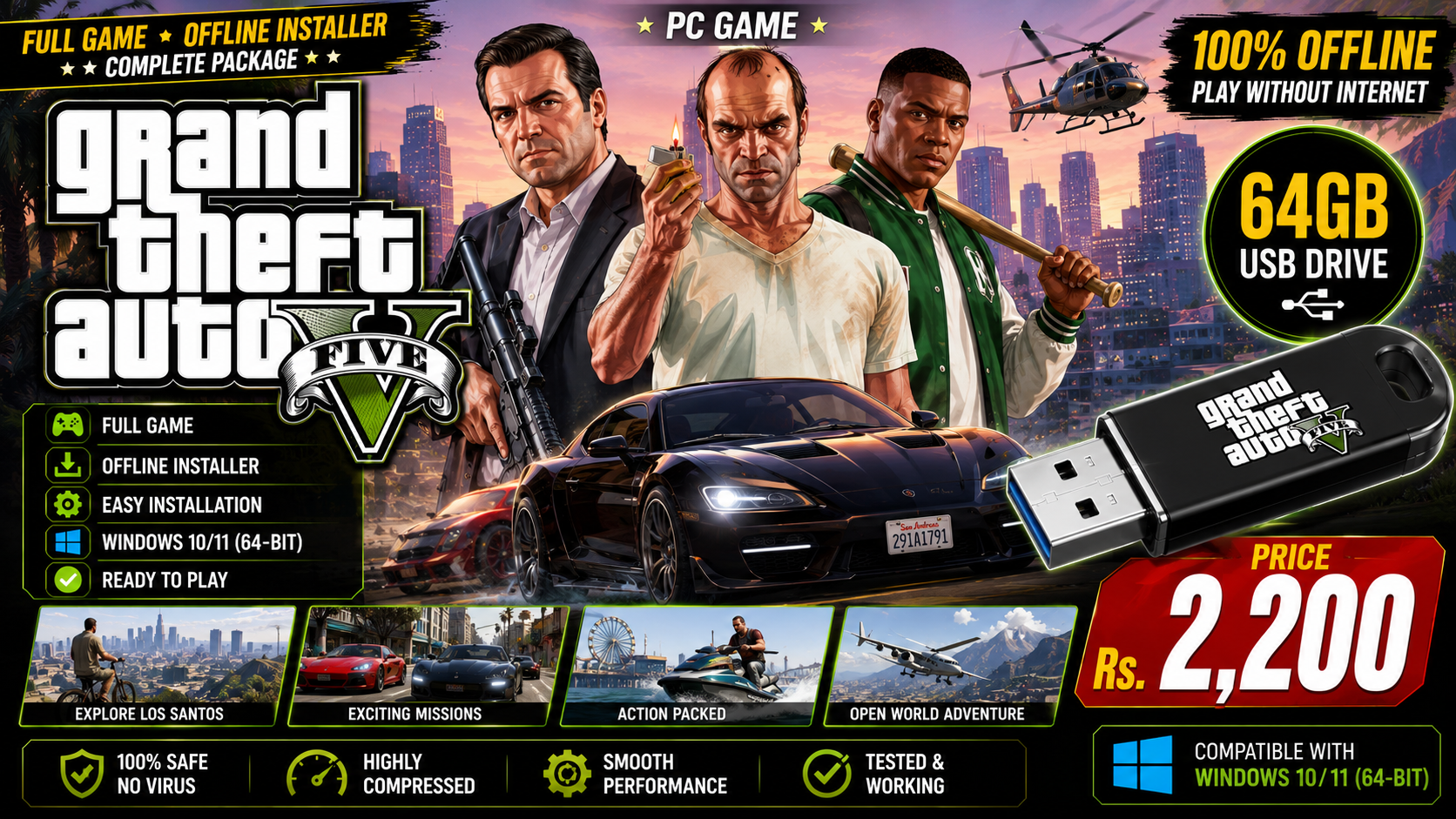 GTA 5 PC Game USB | 64GB USB Drive | Full Version | Ready to Play