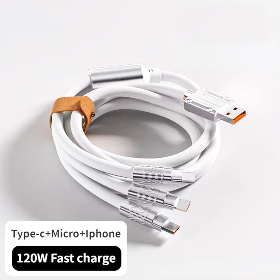 3 in 1 120W Type C Micro USB iOS Data Cable Fast Charging Liquid Silicon Universal for All Smartphones 1.2m