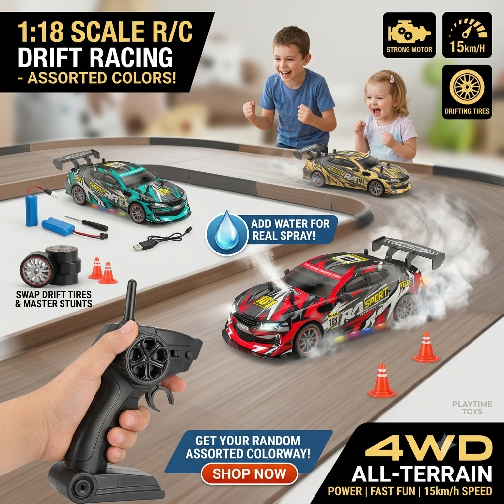 KIDDO KASTLE -  Remote Control Speed Racing 1:18 RC Chevrolet Drift Car With Spray Smoke | RC Chevrolet 4x4 Drifting Car 2.4G RC Drift Car with LED Light Rechargeable Remote Control Racing Car Vehicle Replaceable Tire Competition Race Car Toy For Kids Boy