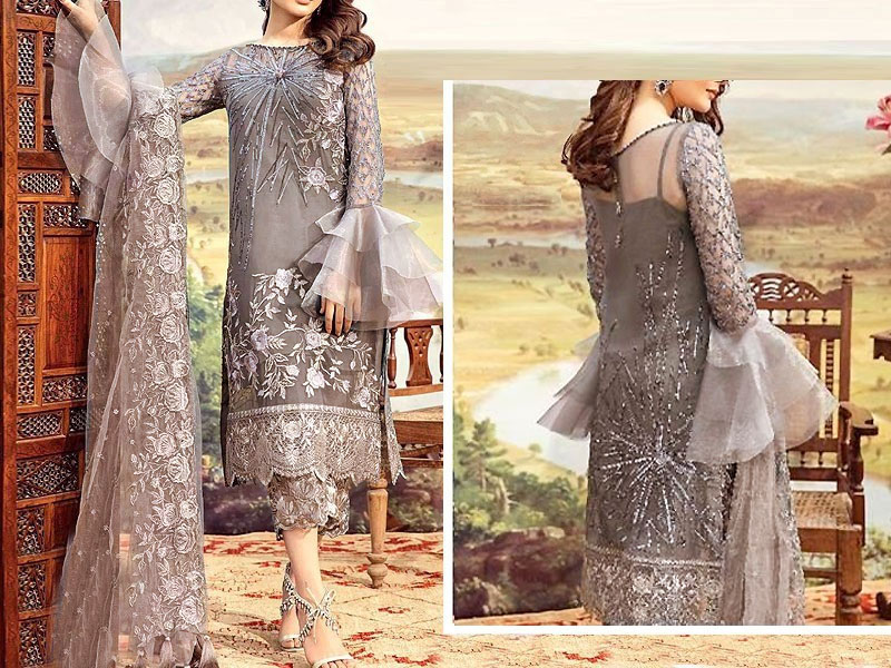 Women Heavy Embroidered Grey Net Wedding Dress Daraz.pk