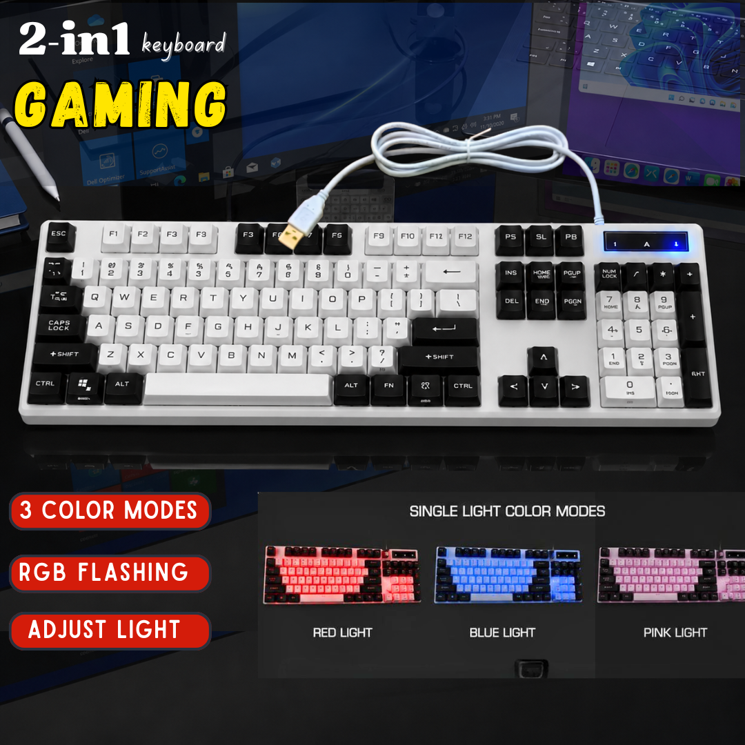 Original Fire Wolf ( 2-in1 ) Pro Gaming Keyboard with 3 RGB Light Modes , Waterproof Floating Suspended Keycaps Wired Combo -  Backlit Keyboard with FN Shortcuts for PC/Laptop (Black and White) 104 keys -By Panorama