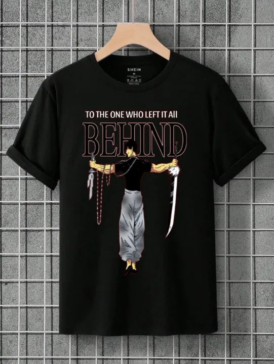 Black Unisex Graphic T-Shirt - 'To the One Who Left It All Behind' Anime-Inspired Design with Sword and Beads Artwork, Short Sleeve Casual Tee