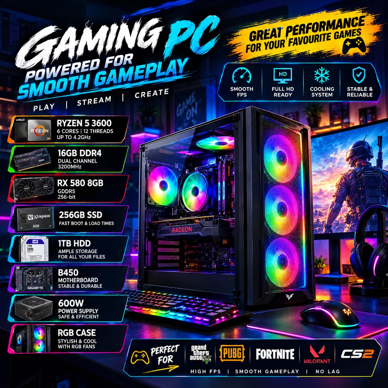 Gaming PC Ryzen 5 3600 | 16GB DDR4 | RX 580 8GB | 256GB SSD + 1TB HDD | B450 Motherboard | 600W PSU | RGB Gaming Case