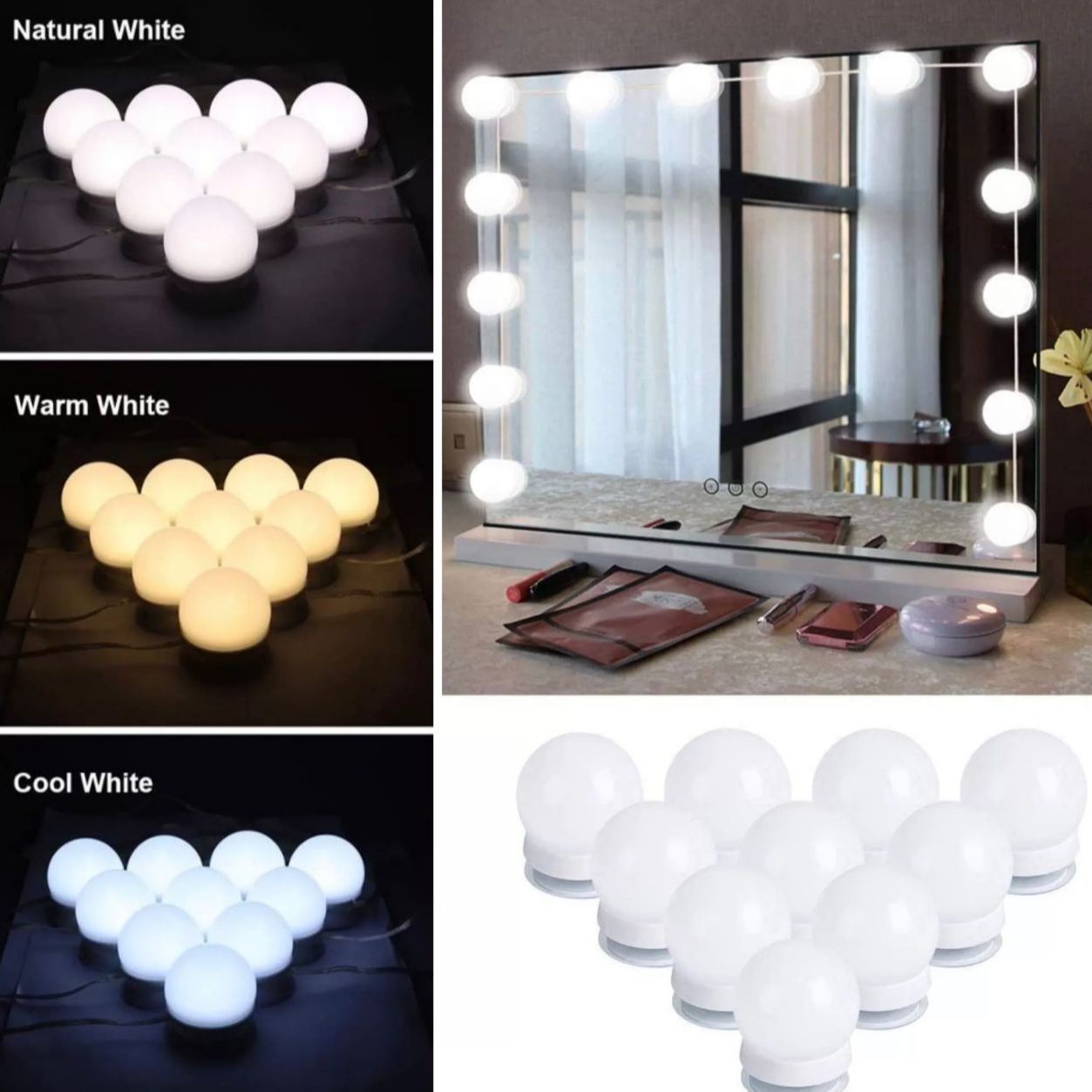 LED Makeup Mirror Lights – Hollywood Style Vanity Mirror Lights, USB Dimmable LED Light Bulbs Strip, 3 Color Modes for Dressing Table Mirror & Salon Decor
