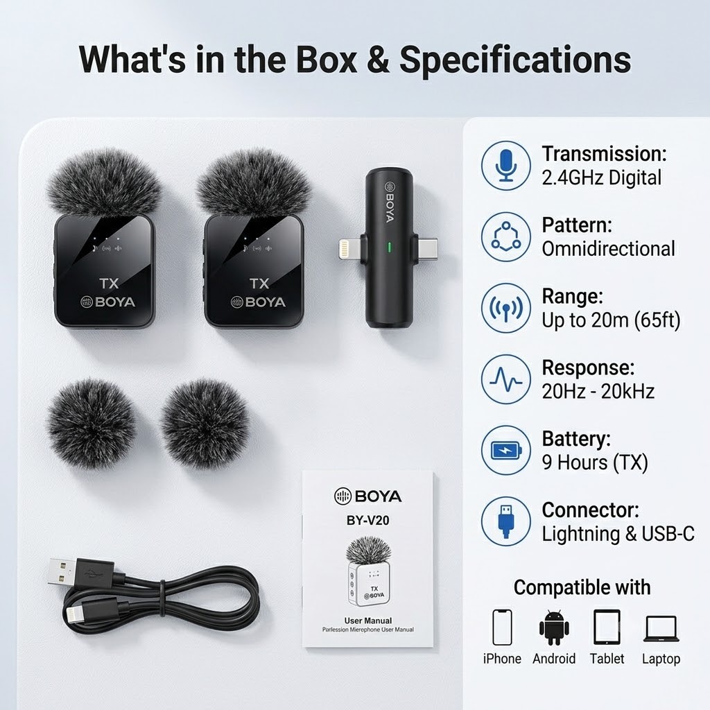 BOYA BY-V20 Dual Wireless Lav Microphone 2.4GHz Omnidirectional Clip-on Mic for Smartphones Tablets Cameras Vlogging Interviews