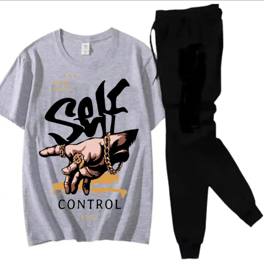 Tracksuit Cotton Fabric T-Shirt & Trouser Set for Summer Elegant Suits Gym Self Control Printed Track Suit T shirts Pajama Casual Wear for Men And Boys