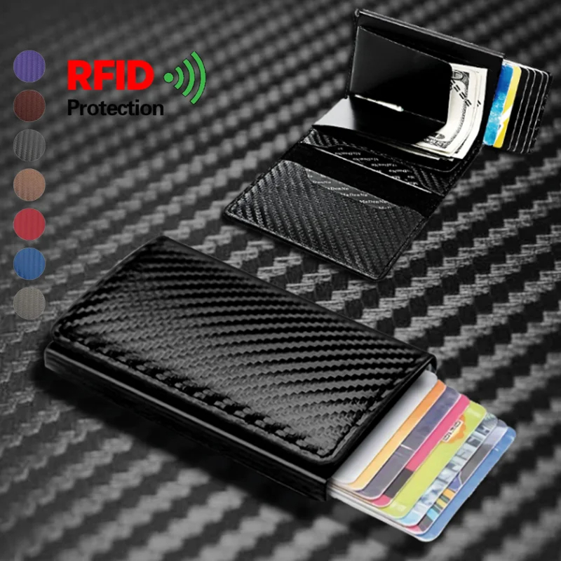 RFID Carbon Fiber Card Holder for Men | Slim Minimalist Wallet | RFID Blocking Metal Card Holder - Pop-Up Design | Coin Pocket
