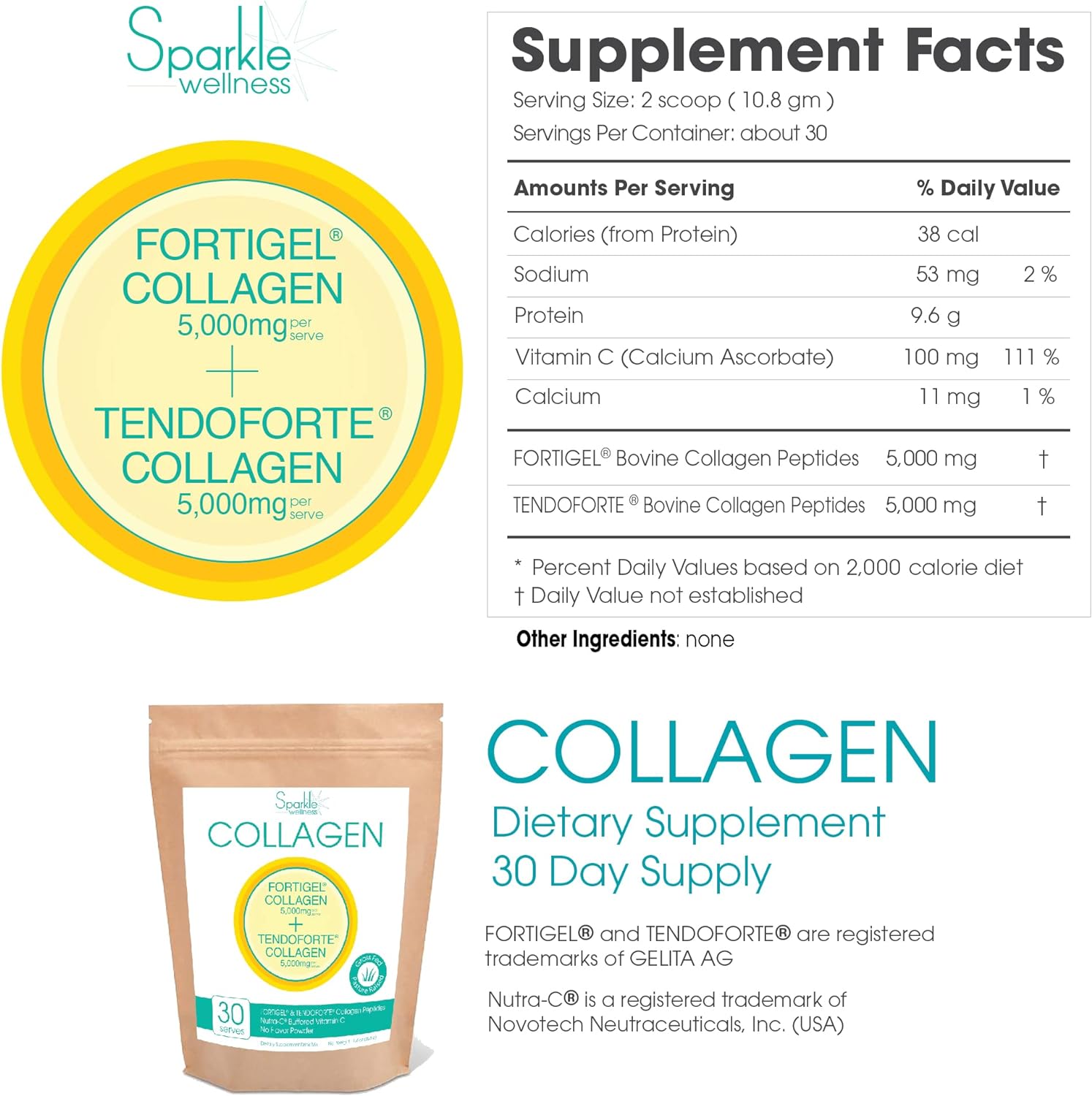 Sparkle Joint Boost (No Flavor) [30-Serves] FORTIGEL & TENDOFORTE Non-GMO Collagen Peptides Protein & Calcium Ascorbate Vitamin C Supplement, Research Based Nutrition for Cartilage ligaments tendons 323gm