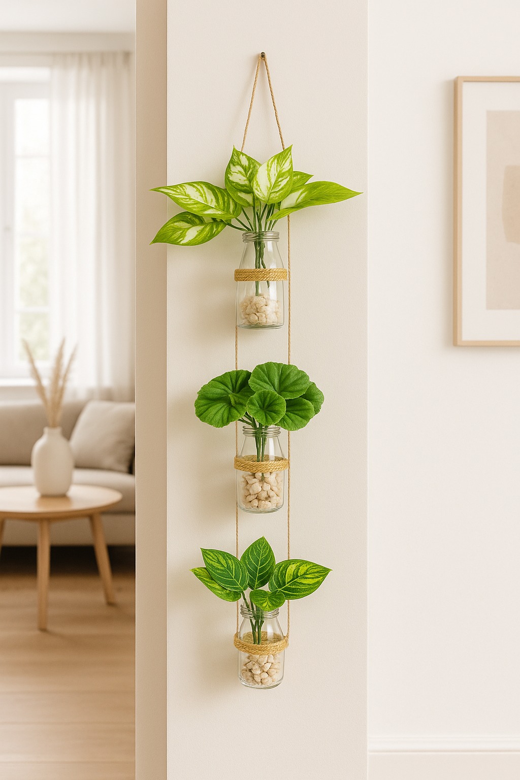 Hanging Bloom Bottles Wall Decor with Artificial Plants, Jute Rope and Decorative Stones