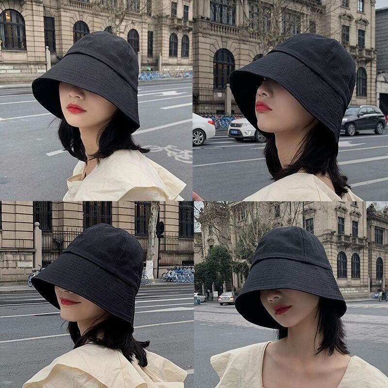 Summer Spring Black Women Bucket Hat Casual Cotton Solid Color