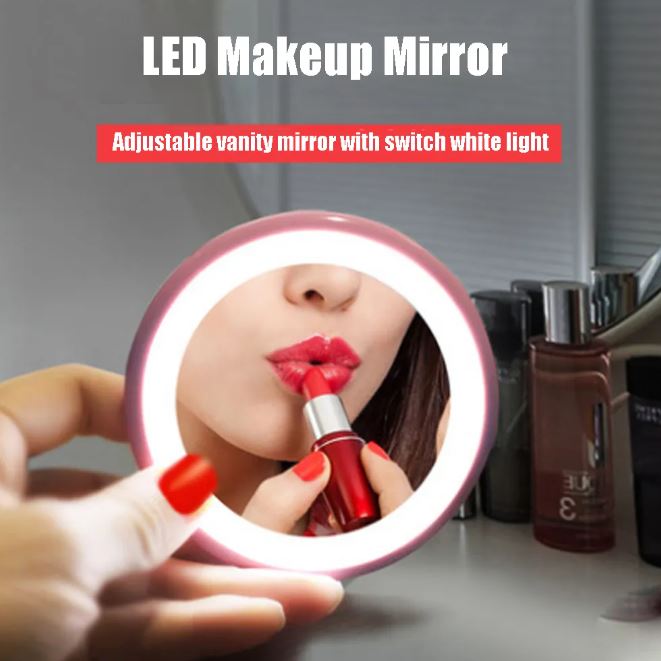 LED Mirror For Makeup - Portable Round Make Up Cosmetic Mirror