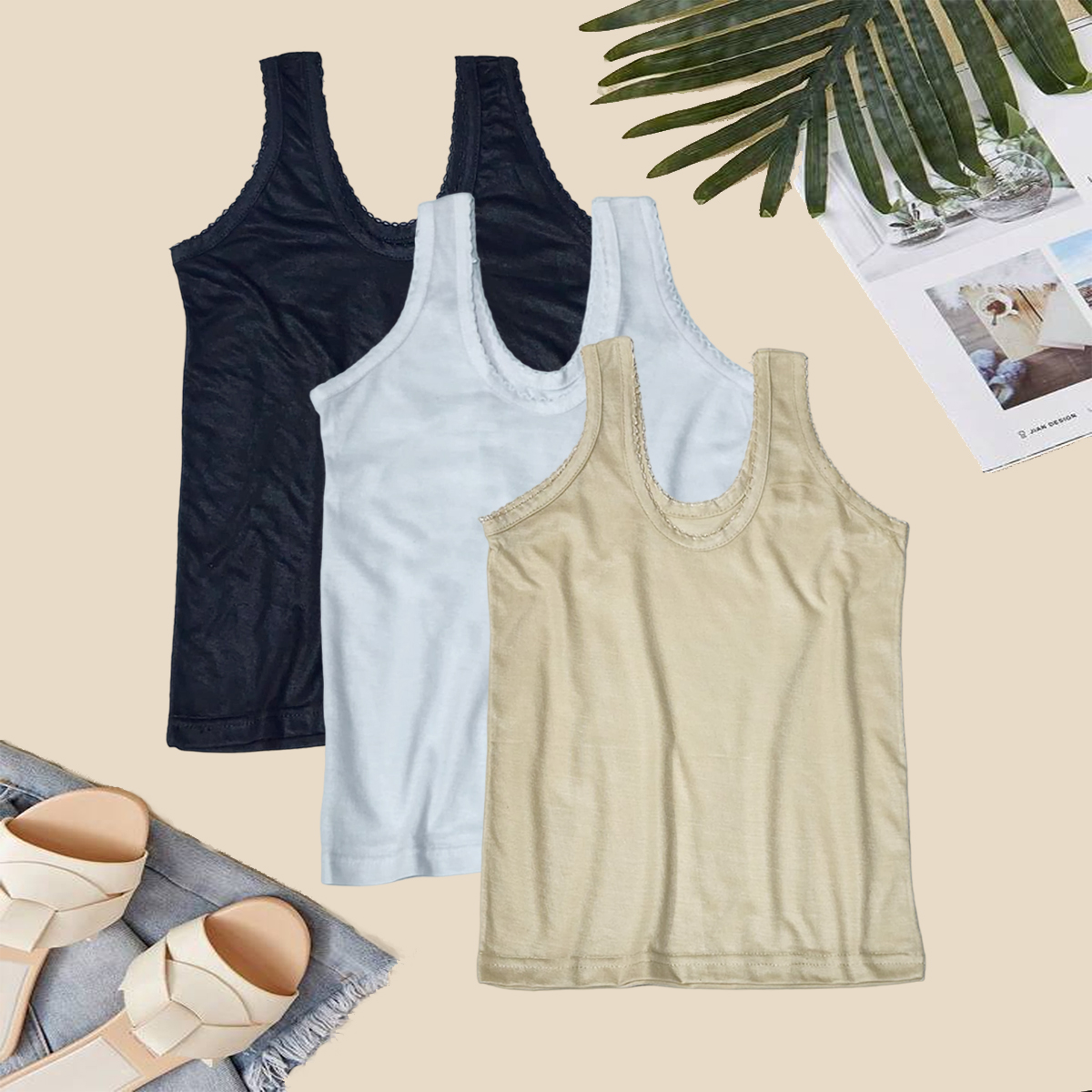Cotton Shameez  Non Padded Thick Straps Tops Camisole For Girls Pack Of 3