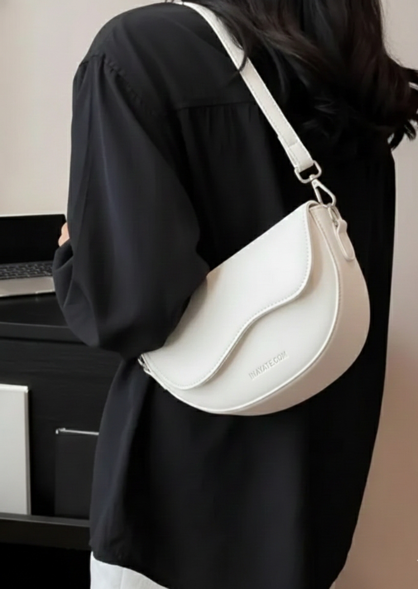 Minimalist Faux Leather Crescent Shoulder Bag - Retro Flap  Handbag with Adjustable Strap