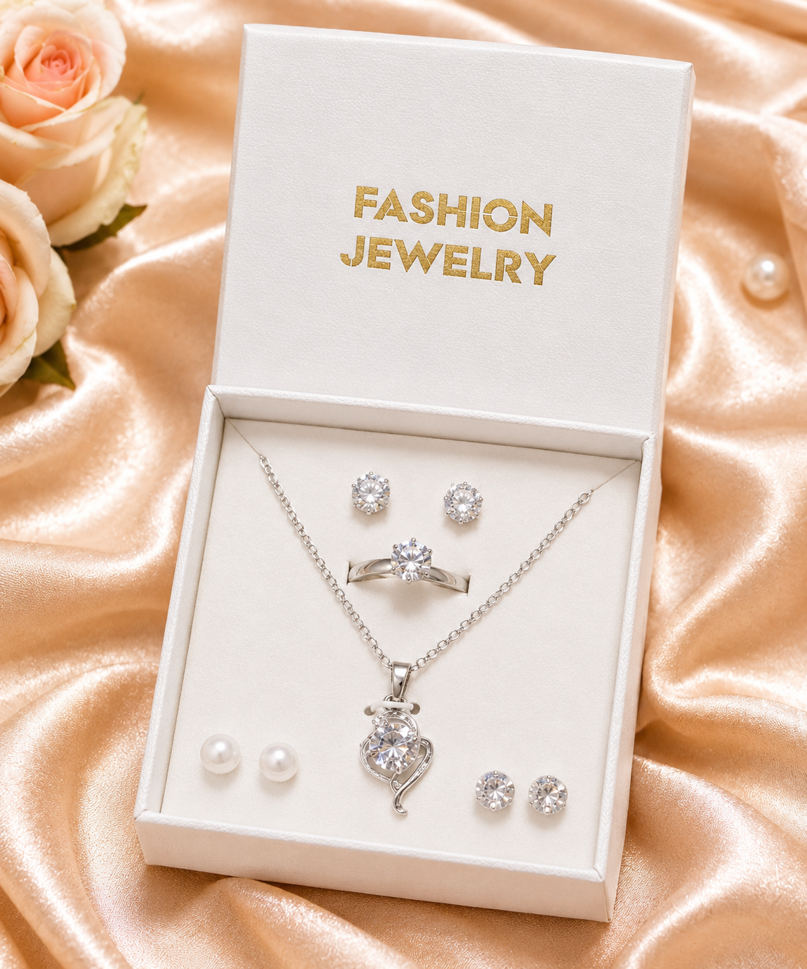 8 Pc Heart Pearl Pendant Necklace Set for Women & Girls | Silver Color Crystal Heart Locket with Pearl Chain | Matching Earrings & Ring Jewelry Set | Elegant Fashion Necklace Set | Party Wear Gift Jewelry | Bridal Engagement Birthday Gift