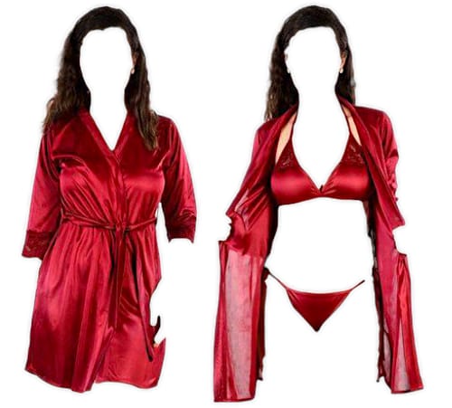 SW SILK WEAR- Women 3 Piece Nighty Sleepwear Silk Satin night dress Lingerie Set With Robe and Short Gown Bridal for Ladies and Girls for Night Wear and Parties Full Black Body Stocking for Free Bra BI-015