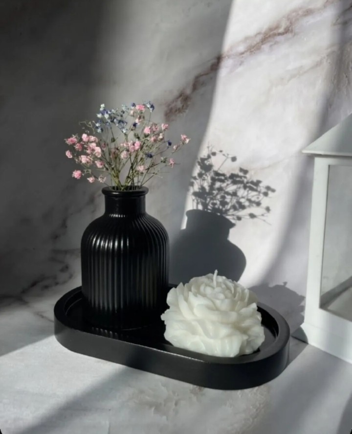 Set of 3 Mini Flower Vase Oval Tray & Peony Rose Candle Is Best for Home Decor, Modern Minimalist Home Decorative Set