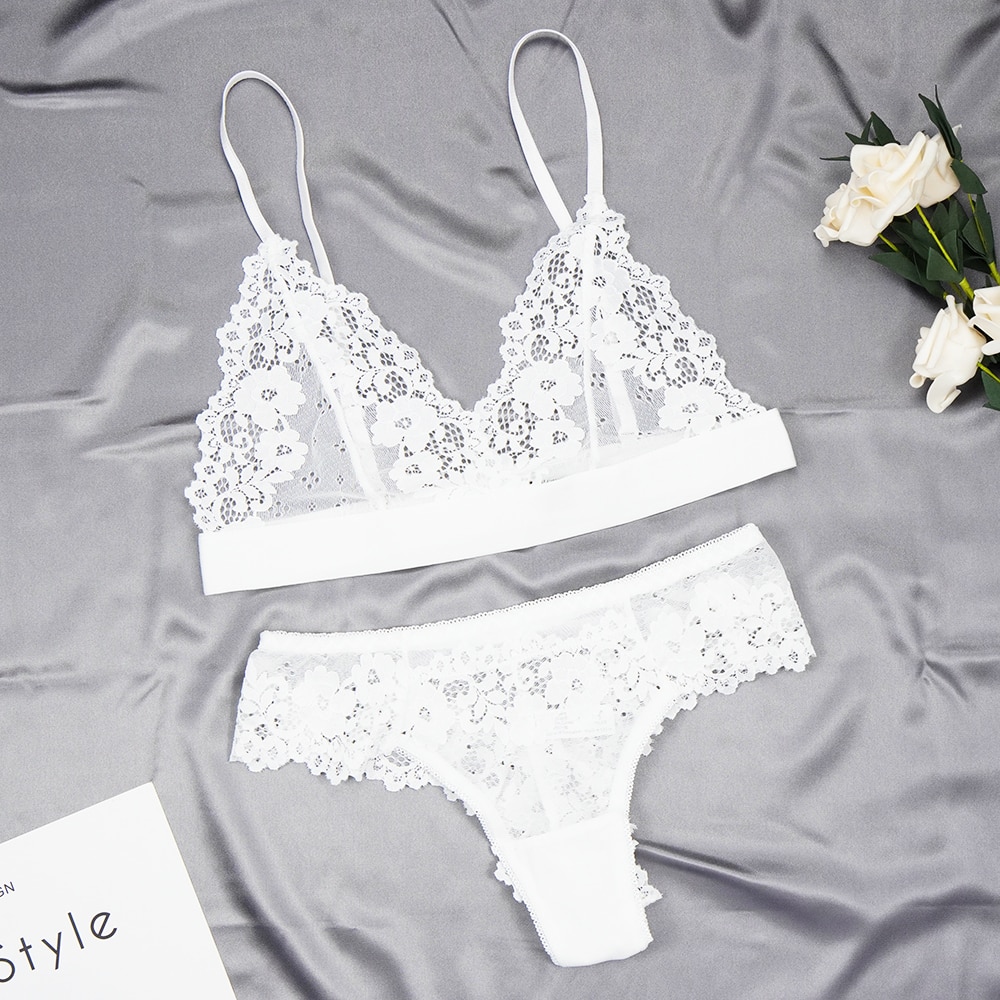 Embroidered lace ultra-thin non-steel ring triangle cup beauty back bra set  hollow mesh underwear bras show small - AliExpress