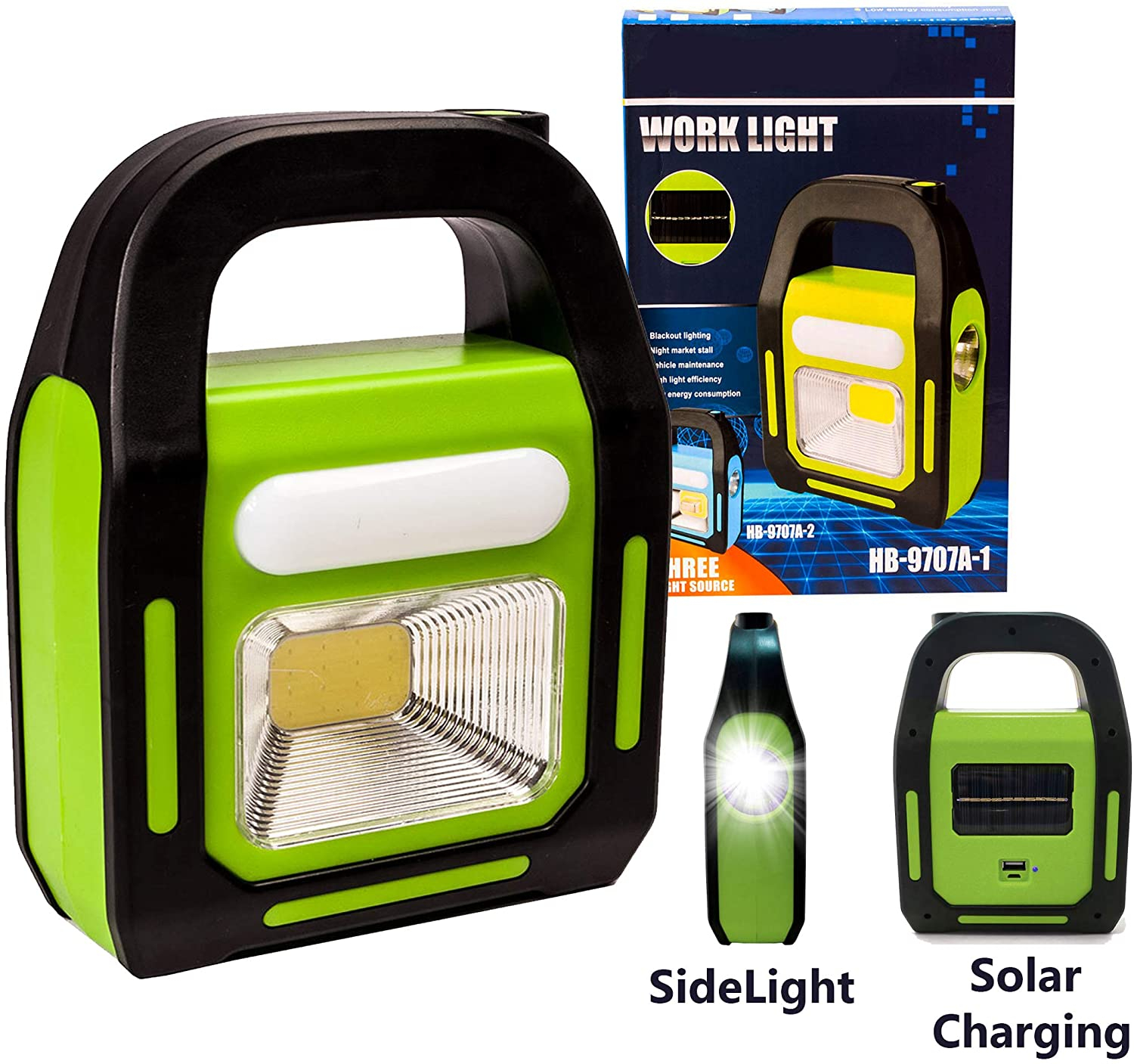 LED Work Light Rechargeable Solar Powered COB Flood Light Portable Camping Lantern with Side Light USB Charging for Workshop, Garage, Emergency, Outdoor & Car Maintenance