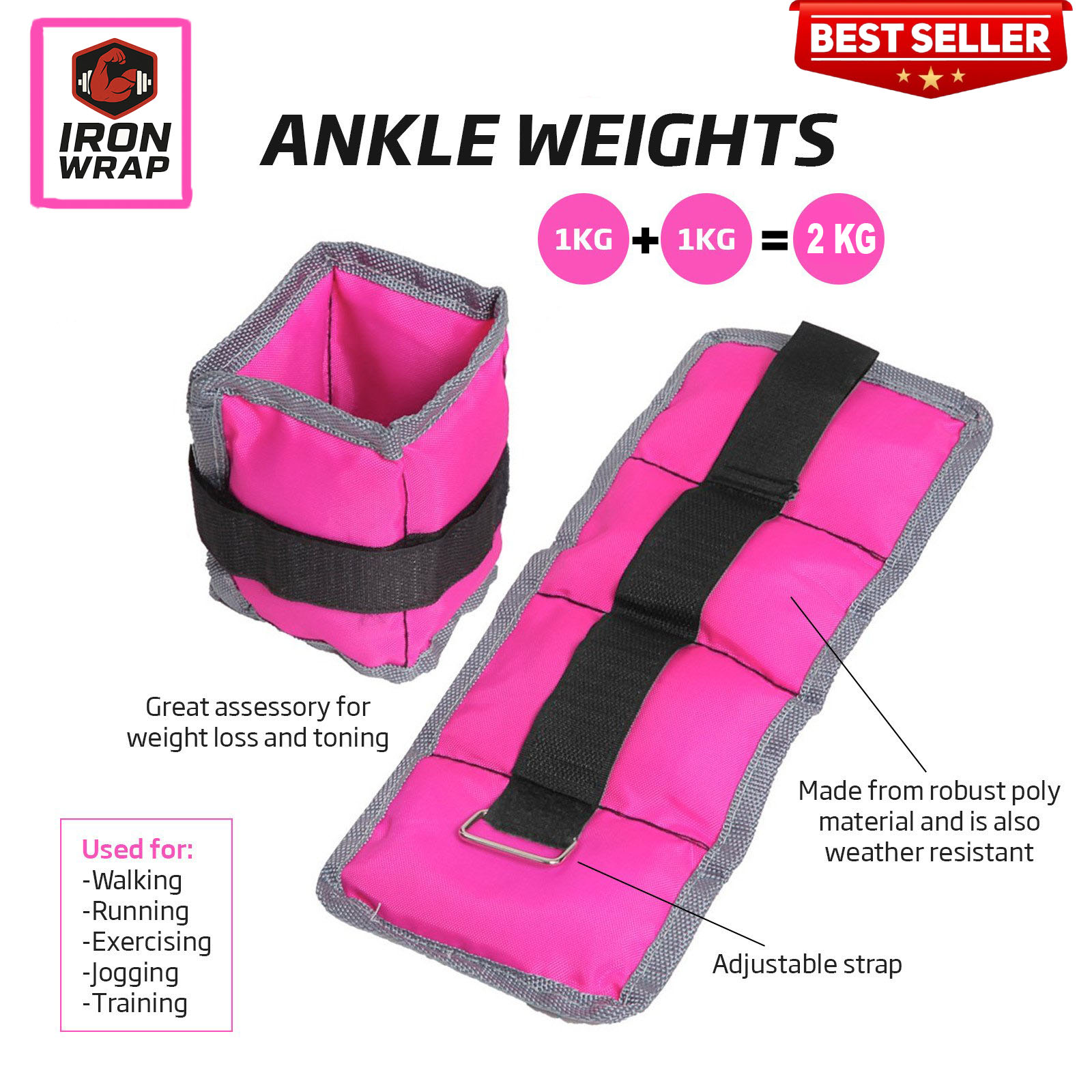 Pink ANKLE WEIGHT 1 KG + 1 KG = 2 KG, Pair Weight Bearing Ankle wrist Strap Leg Strength Resistance Bands for Speed Training Running Exercise Workout Fitness Band