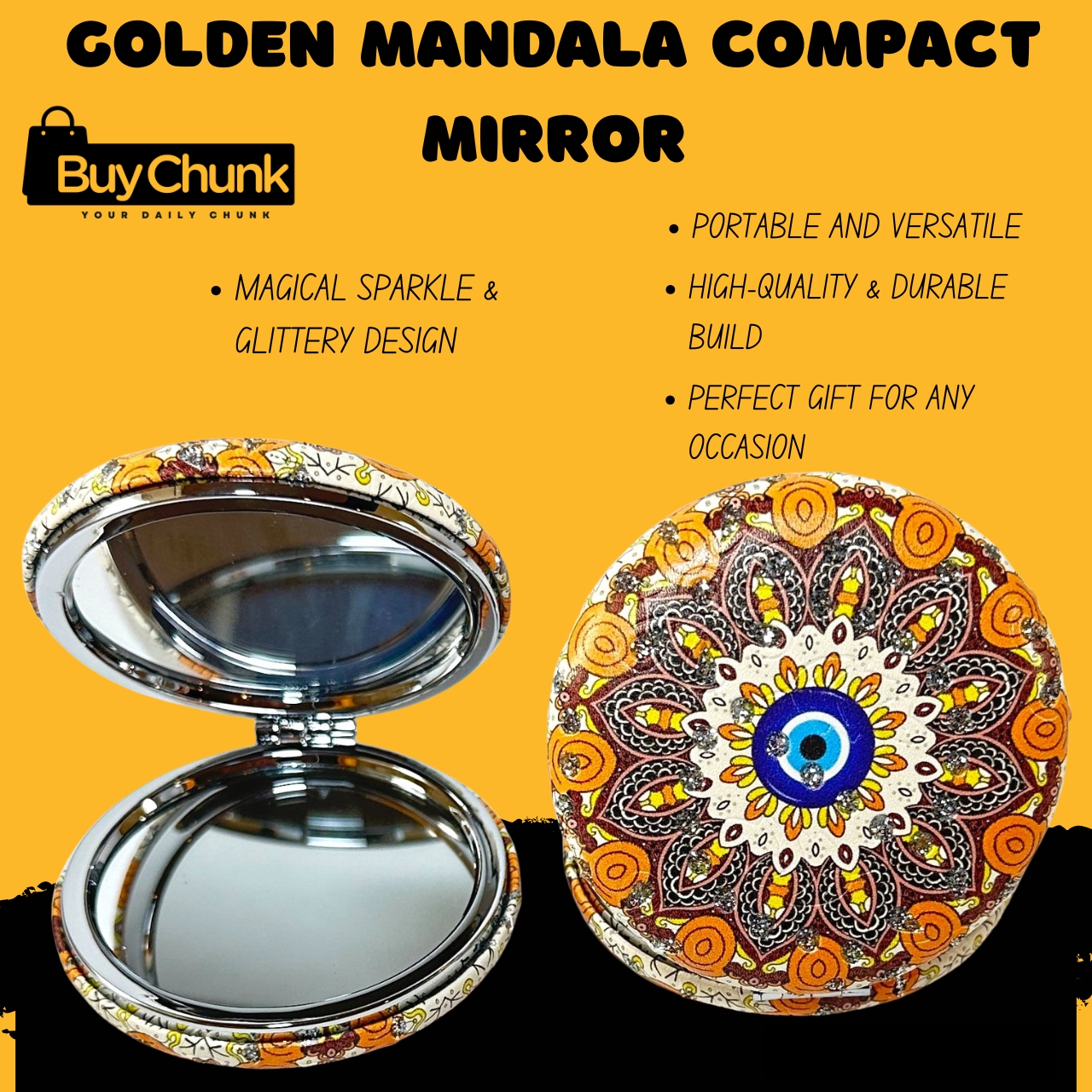 Mandala Compact Mirror with Glitter Design | Stylish Mandala Design for Everyday Use | Dual-Sided Compact Makeup Mirror for Women | Perfect Gift Idea