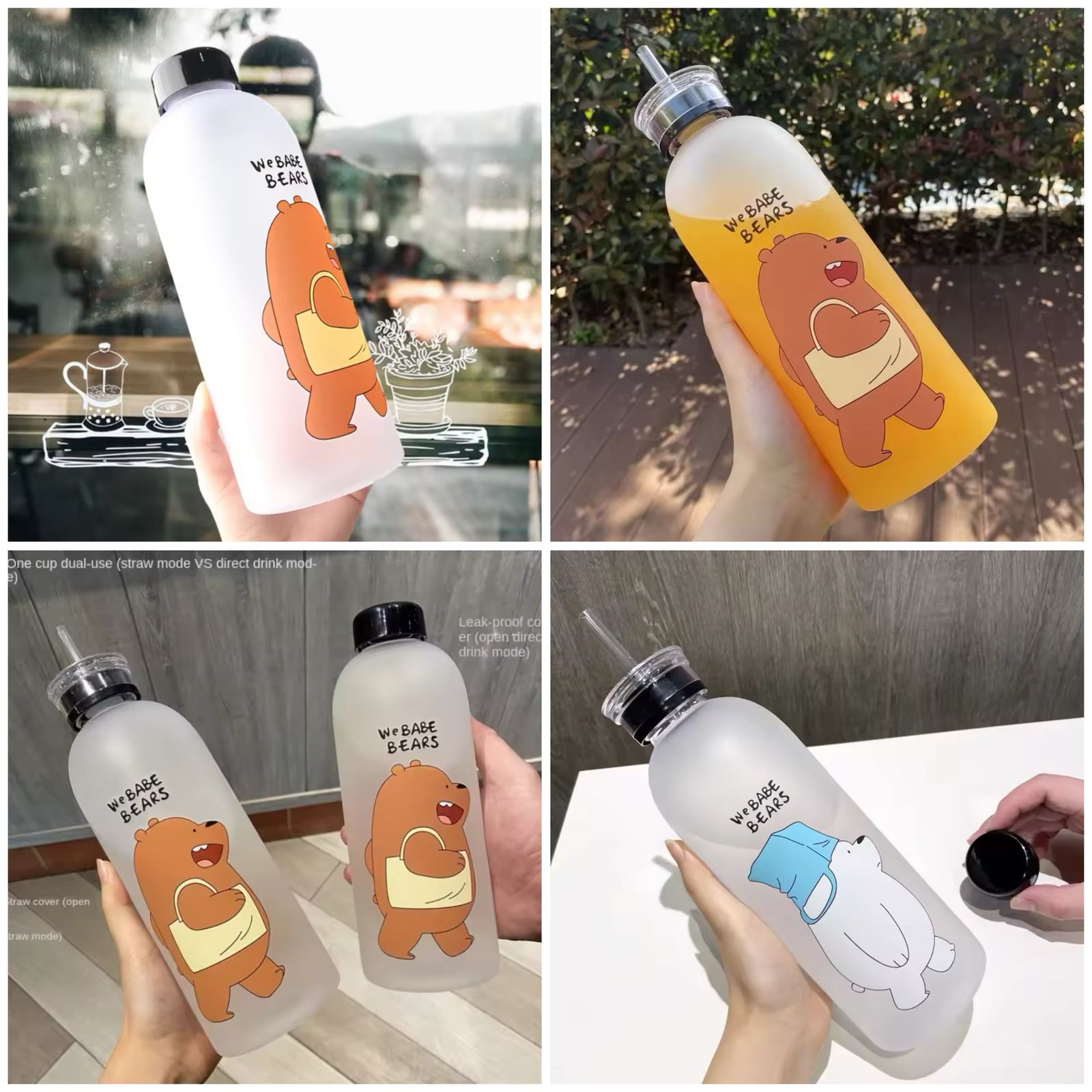 Cute Panda Bear Cup 1000ml Water Bottles With Straw Transparent Cartoon Water Bottle Drinkware Frosted Leak-proof Protein Shaker