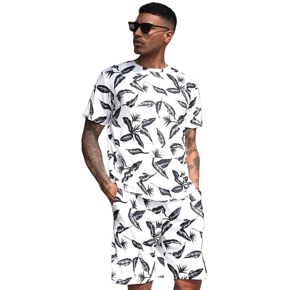 ZRK.Garments - 2 Piece Men Tree Printed White Summer Short Suit For Men