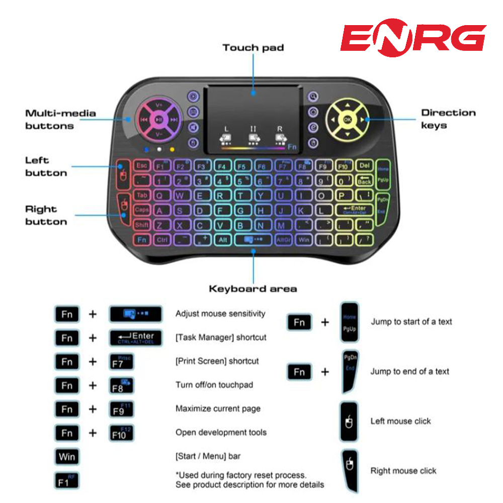 Energy - ENRG RGB Mini Wireless Keyboard + Bluetooth Dual Connection 2.4GHz Air Touchpad Mouse, Compatible With Android TV Box, Smart TV, PC Black