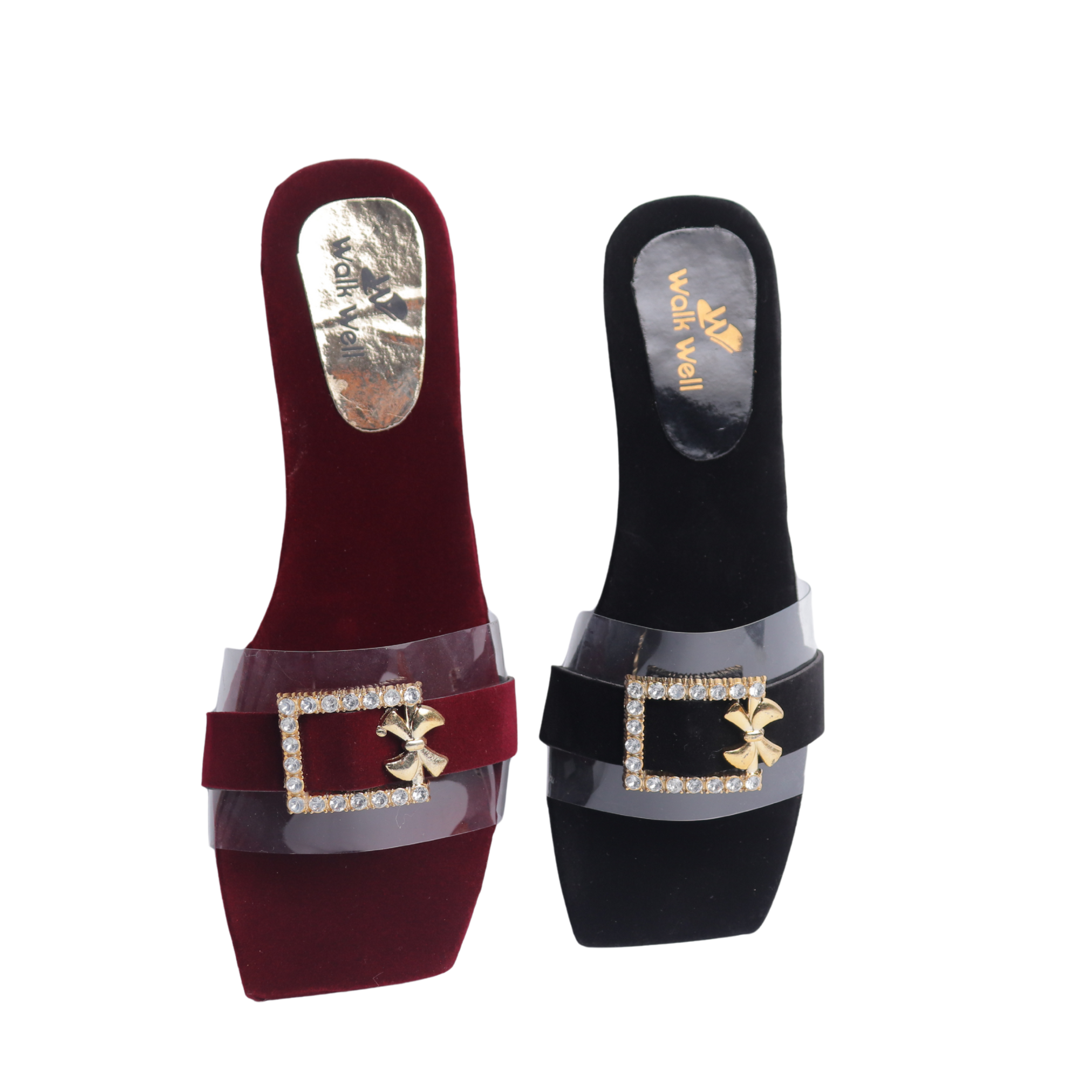 Ladies Velvet Slippers for Women | Fancy Buckle Bow Flat Sandals | Black & Maroon