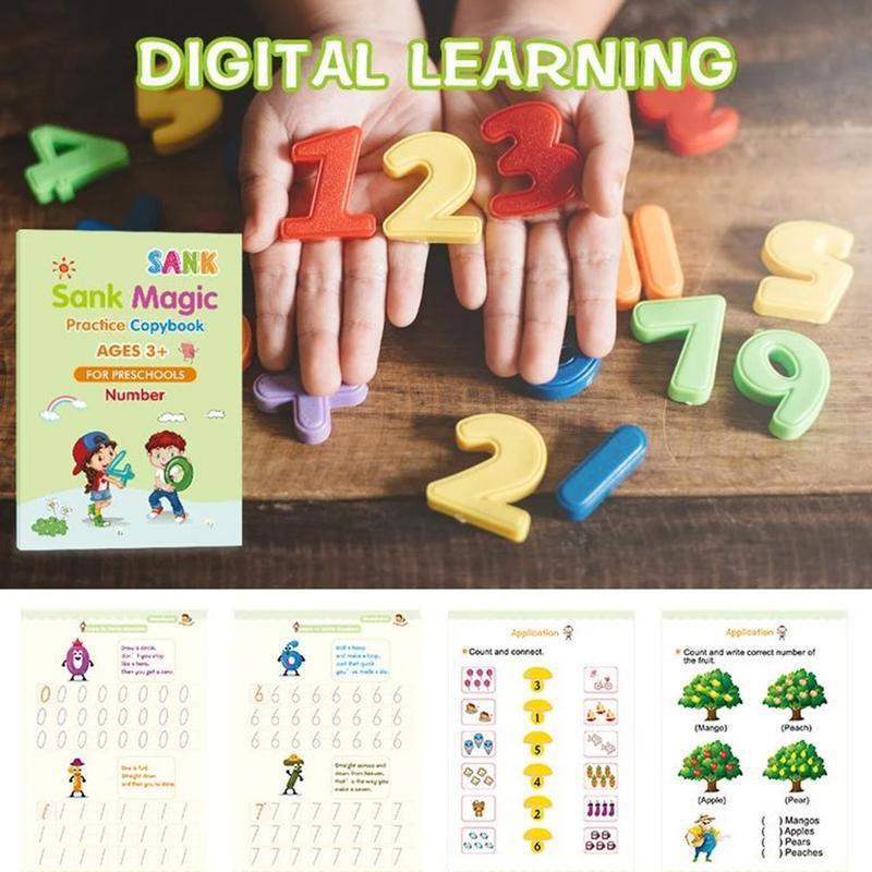 Magic Practice Copybook Set 4 Books, Magic Pen & 10 Ink Refills Montessori Children Tracing Sank Calligraphy Handwriting First Preschool Baby Learning Books for Kids