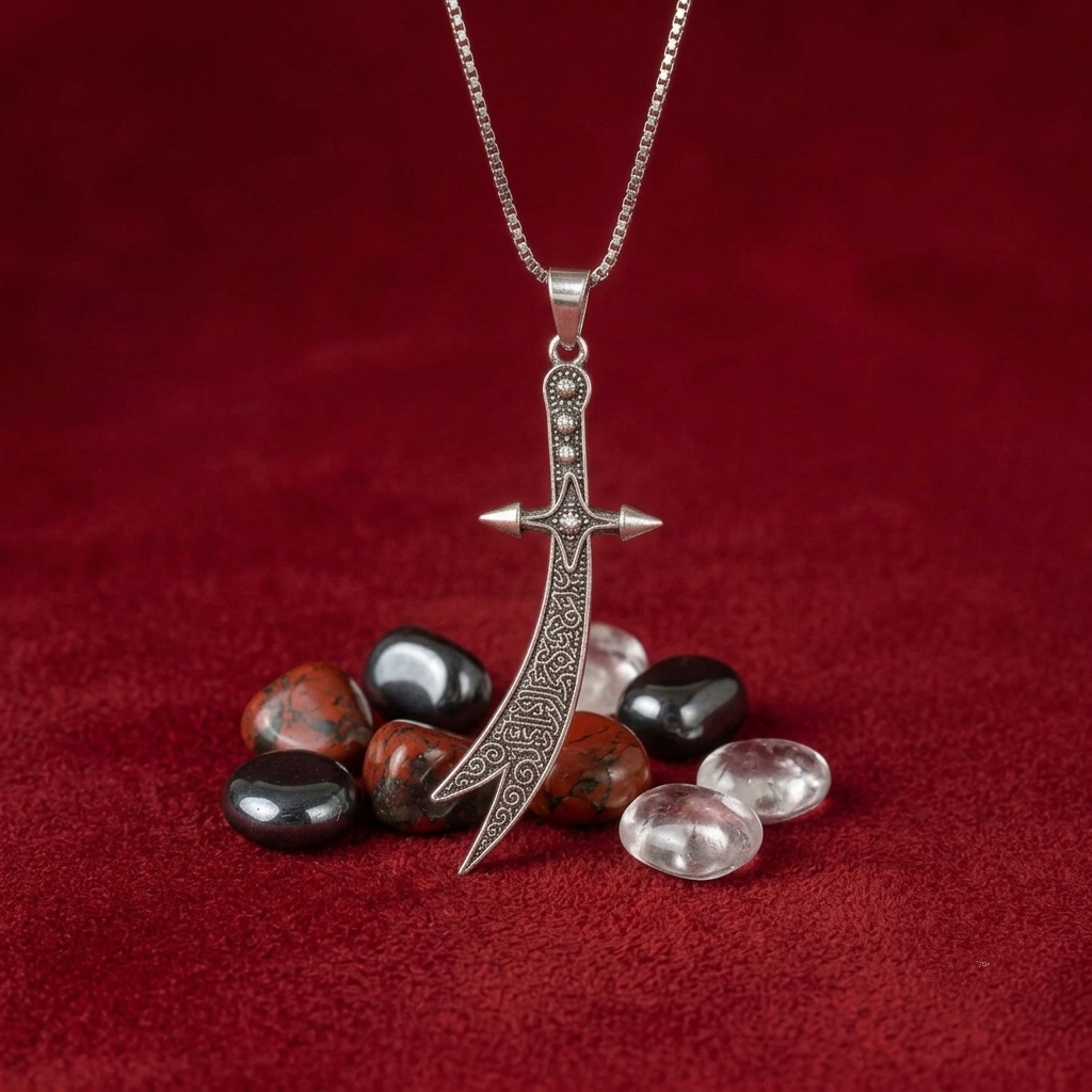 Hazrat Ali (RA) Zulfiqar Sword Pendant Necklace Islamic Silver Tone Double Blade Necklace for Men And Women With Pouch