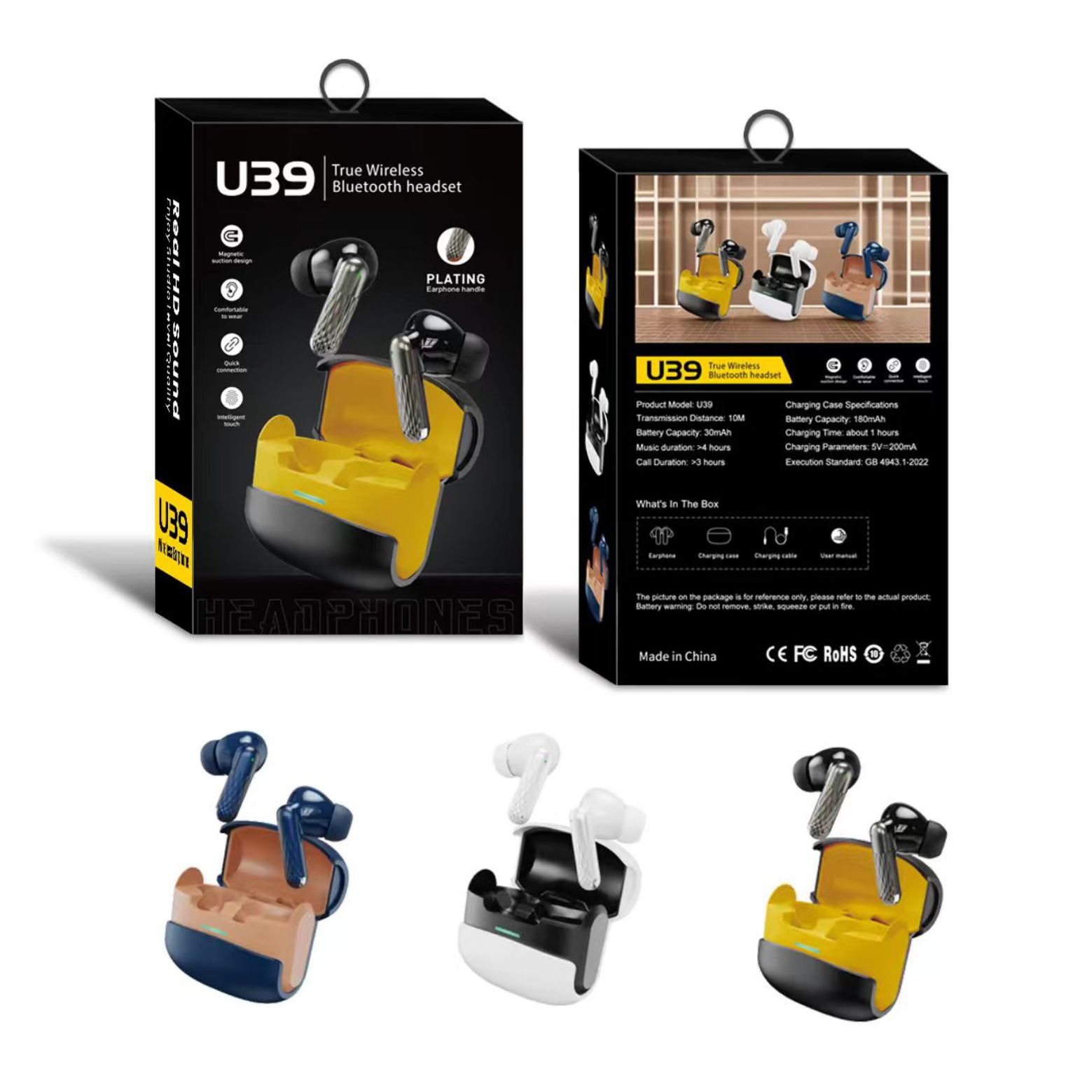 U39 True Wireless Bluetooth Earbuds - Magnetic Suction Design TWS - Stereo Sound & Deep Bass - Intelligent Touch Control - Type-C Quick Charge - ENC Noise Reduction - Best for Calling & Music - Universal Compatibility